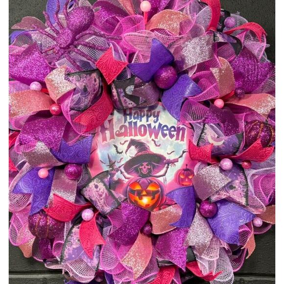 Halloween Witch Wreath Pink & Purple Handmade Deco Mesh 24 Inch - Picture 1 of 4